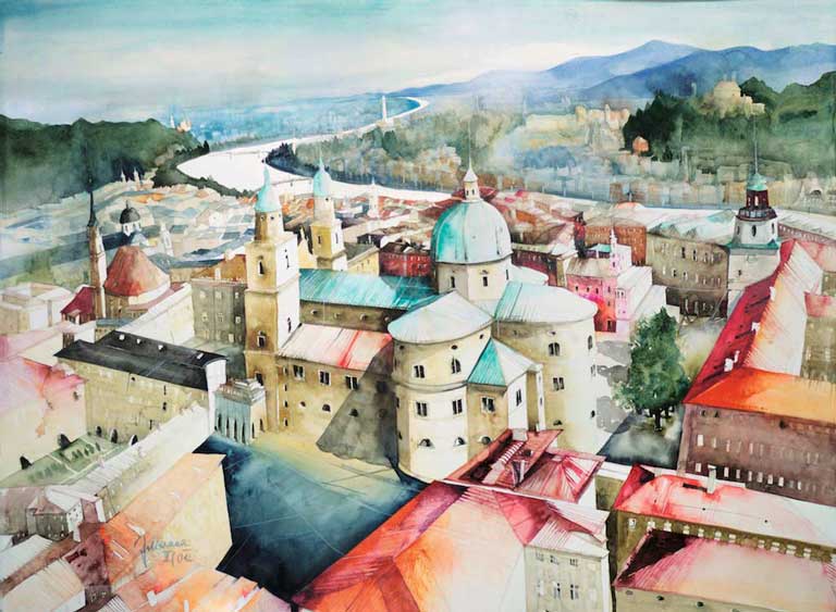 Johanna Kopp Aquarelle Aquarell Salzburg Malerei Kunst Malerin Salzburg - Blick von der Festung