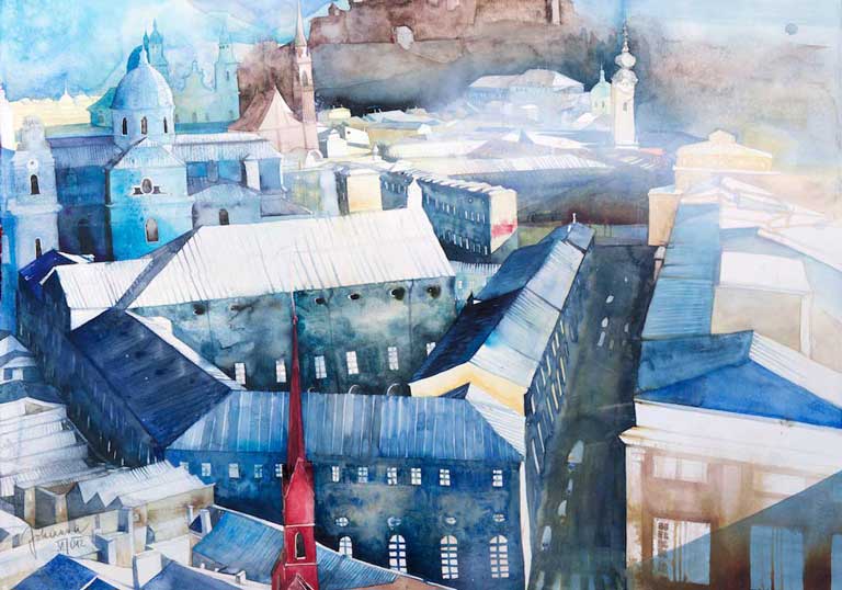 Johanna Kopp Aquarelle Aquarell Salzburg Malerei Kunst Malerin Salzburg - Altstadtblick