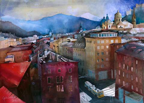 Johanna Kopp Aquarelle Aquarell Salzburg Malerei Kunst Malerin Salzburg - Blick in die Grießgasse II