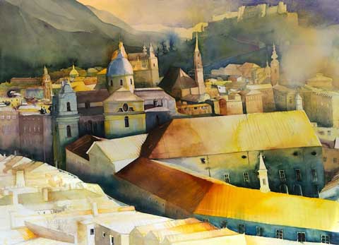 Johanna Kopp Aquarelle Aquarell Salzburg Malerei Kunst Malerin Salzburg - Blick in die Griesgaße III