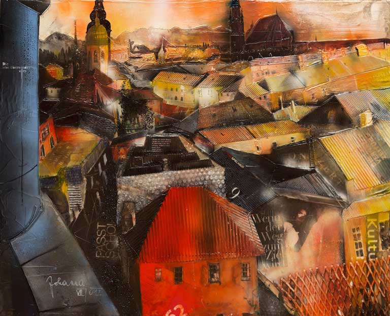 Johanna Kopp Mixed Media Collagen Collage Salzburg Malerei Kunst Malerin Blick von den Bischofsarkaden zur Peterskirche