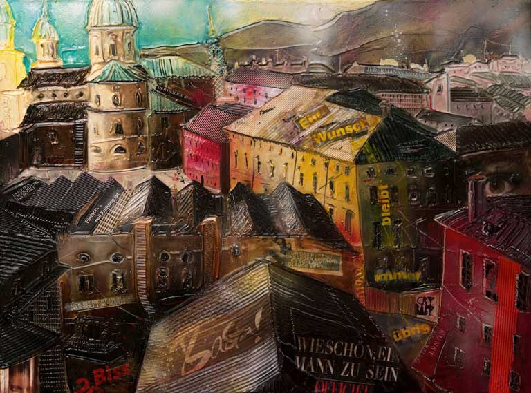 Johanna Kopp Mixed Media Collagen Collage Salzburg Malerei Kunst Malerin Salzburg - Blick von den Bischofsarkaden zum Dom